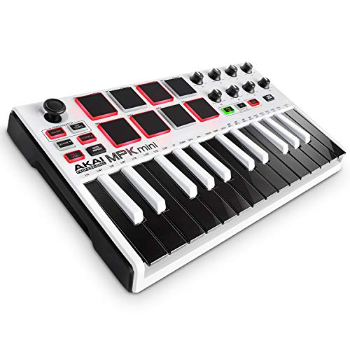 AKAI Professional MPK MINI MKII LE White - Teclado Controlador MIDI USB Portátil con 25 Teclas, 8 Pads MPC, 8 potenciómetros, Joystick, VIP 3 y Paquete de Software - color blanco, edición limitada