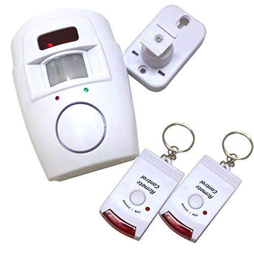 Alarma con sensor de movimiento con 2 llaves de control remoto, soporte de pared ajustable incluido (ideal para casetas, casas, garajes y caravanas)