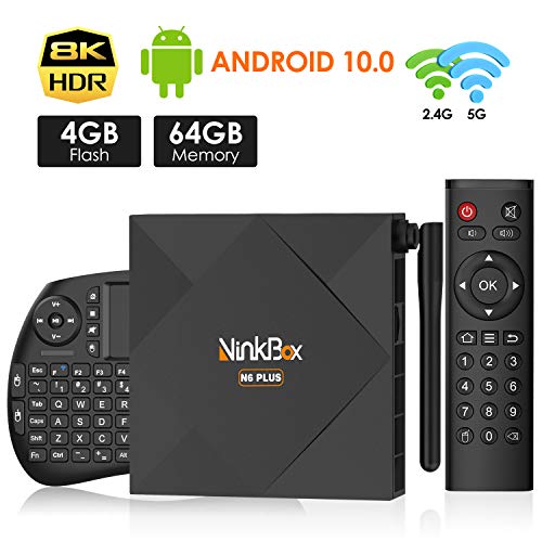 Android TV Box 10.0, NinkBox TV Box Android【4G+64G】con Mini Teclado inalámbirco, Allwinner H616 Quad-Core 64bit Cortex-A53 con WiFi 2.4G/5G, 8K*4K UHD H.265, Antena TV, Smart TV Box