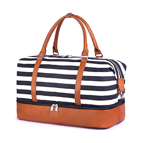 Arzopa Bolsas de Mano Viaje, Bolsa de Lona a Rayas con Correa de Cuero PU para Mujeres Bolso de Deporte para Fin de Semana y Noche (Rayas Gruesas en Blanco y Negro)