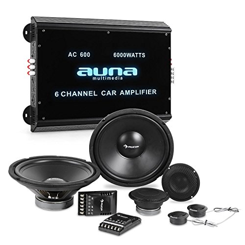 Auna Car-HiFi Set Quipo de Audio HiFi para Coche 8000W Potencia Total(Amplificador 6 Canales, Altavoces Tonos Medios, subwoofer, Tweeter)