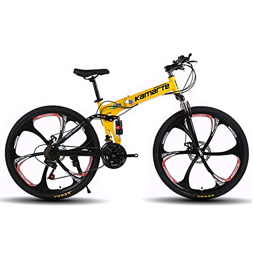 Bicicleta de montaña plegable, 26 pulgadas, 27 velocidades, velocidad variable, todoterreno, doble amortiguación, doble disco, frenos, bicicleta para hombres, montar al aire libre, adulto,Yellow