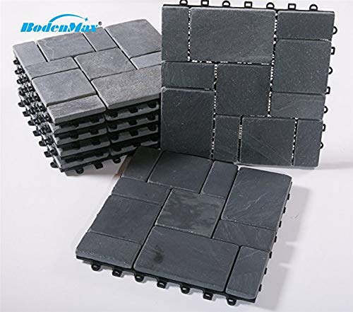 BodenMax LLSLAROMA-BLK-5 Baldosas de Pizarra para terraza, jardines, balcones, piscinas, saunas, interiores y exteriores. Pizarra gris. Set de 8 baldosas de pizarra de 30 cm x 30 cm x 2,5 cm.