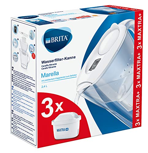 BRITA Marella – Jarra de Agua Filtrada con 3 cartuchos MAXTRA+ – Filtro de agua BRITA de color blanco que reduce la cal y el cloro – Agua filtrada para un sabor excelente