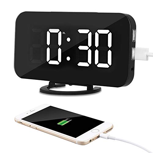 COOLEAD Reloj Despertador Digital, LED Despertador Espejo Alarma con 2 Puertos USB Cargador de Teléfono, Brillo Ajustable y 6.5" Pantalla en Hogar