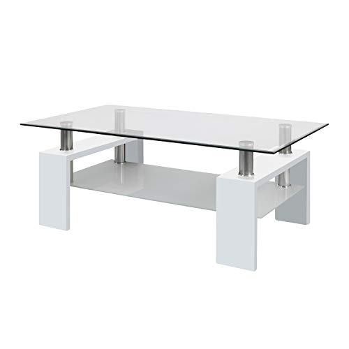 duehome Mesa Centro Moderna de Cristal, Mesita de Salon, Color Blanco Brillo, Medidas: 110 cm (Largo) x 60 cm (Ancho) x 45 cm (Altura) duehome Mesa Centro Moderna de Cristal, Mesita de Salon, Color Blanco Brillo, Medidas: 110 cm (Largo) x 60 cm (Ancho) x 45 cm (Altura)
