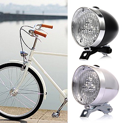 Faro delantero para bicicleta (3 LED, funciona con pilas, 2 modos, con soporte), diseño retro, blanco