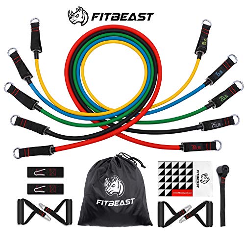 FitBeast Conjunto de Bandas de Resistencia, 100 LB Bandas de Entrenamiento de Estiramiento físico con 5 Tubos de Entrenamiento, 4 manijas de Espuma, Gimnasio en casa, Gimnasio, Fisioterapia