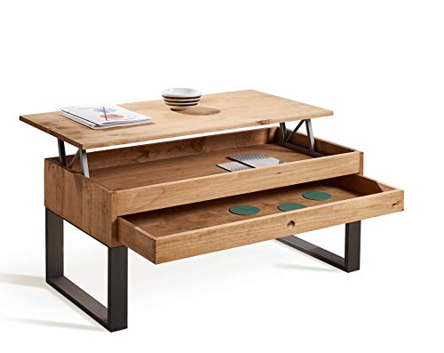 HOGAR24 ES VANIR- Mesa de Centro Elevable Cajón Deslizante Diseño Industrial-Vintage, Madera Maciza Natural y Patas Metálicas. 100cm x 50cm x 47cm HOGAR24 ES VANIR- Mesa de Centro Elevable Cajón Deslizante Diseño Industrial-Vintage, Madera Maciza Natural y Patas Metálicas. 100cm x 50cm x 47cm