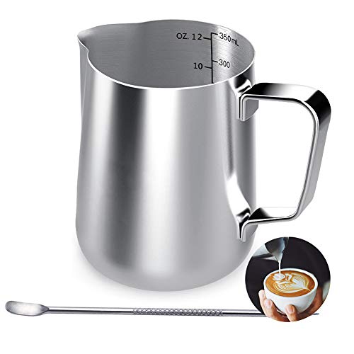 Jarra de leche de acero inoxidable, 350 ml, taza de café de mano con marca de medición y lápiz artístico de leche Jarra de leche de acero inoxidable, 350 ml, taza de café de mano con marca de medición y lápiz artístico de leche
