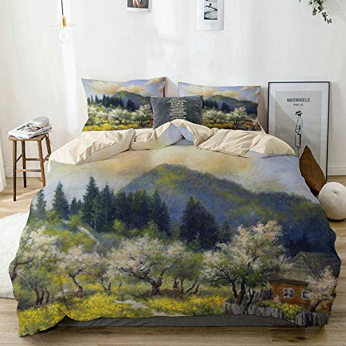 Juego de fundas nórdicas Beige, Casa de pueblo retro en jardín Cerca de madera Árboles Flores blancas Bosque, Juego de cama decorativo de 3 piezas King Size con 2 Fundas de almohada Cuidado fácil Anti Juego de fundas nórdicas Beige, Casa de pueblo retro en jardín Cerca de madera Árboles Flores blancas Bosque, Juego de cama decorativo de 3 piezas King Size con 2 Fundas de almohada Cuidado fácil Anti