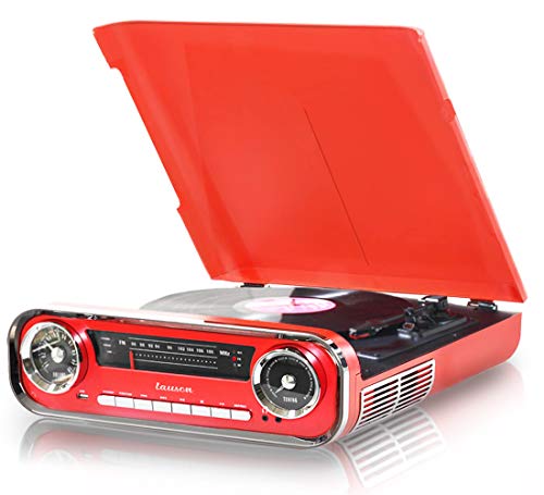 Lauson 01TT17 Tocadiscos Diseño Vintage Coche de Colección con 2 Altavoces Estéreo Integrado de 3 W | Tocadisco Vinilo con Radio FM, Función Bluetooth, USB, AUX | 3 Velocidades (33, 45, 78) (Rojo)