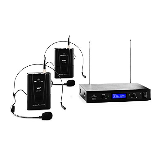 Malone VHF-400 Duo 2 - set de micrófonos inalámbricos VHF de 2 canales, 2 x micrófonos de diadema inalámbricos, alcance de 50 m, volumen ajustable por canal, reducción de ruido interno, negro Malone VHF-400 Duo 2 - set de micrófonos inalámbricos VHF de 2 canales, 2 x micrófonos de diadema inalámbricos, alcance de 50 m, volumen ajustable por canal, reducción de ruido interno, negro