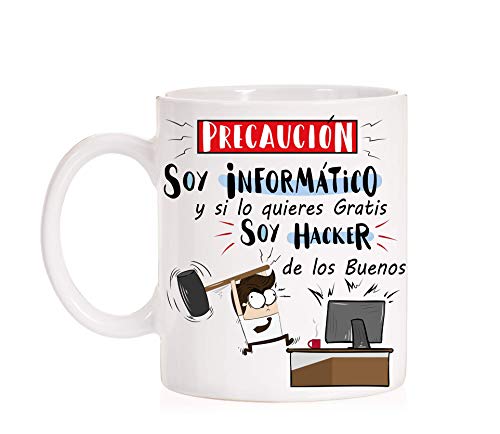 MardeTé Taza Informaticos. Precaución Soy Informático Pero si lo Quieres Gratis Soy Hacker de los Buenos. Divertida Taza de Regalo