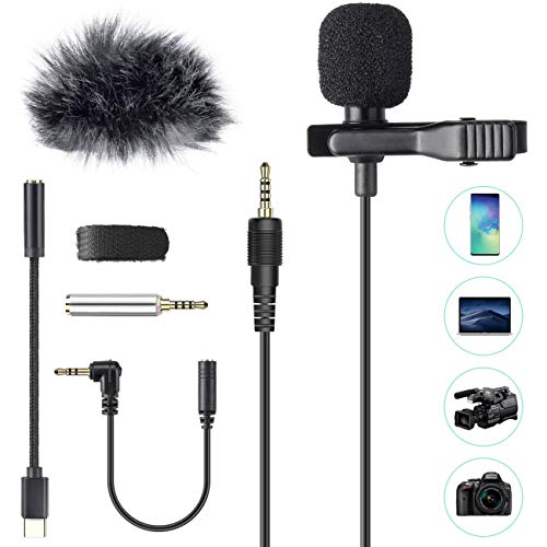 Micrófono de Solapa con Parabrisas, AGPTEK Z02C Lavalier Micrófono Omnidireccional con 3 Adaptadores, 2M Cable para Smartphones, PC, Videocámaras, Negro