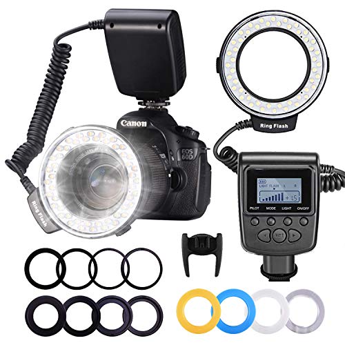 Neewer RF550D, 48 Macro LED Anillo Flash Bundle con Pantalla LCD,Control de Potencia,Anillos Adaptadores y Difusores Flash