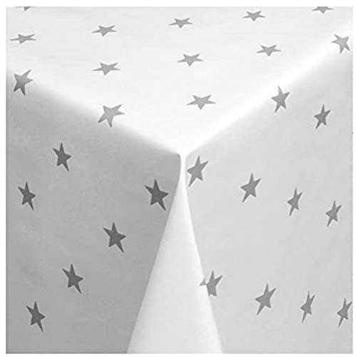 ? Oilcloth cera mantel mantel de jardín, lavable metro, L w longitud elegida en libertad, "Estrella de la Navidad" Estrellas de plata en un fondo blanco (280-04) 220 cm x 140 cm, Gr ?? e: 220 cm x 140