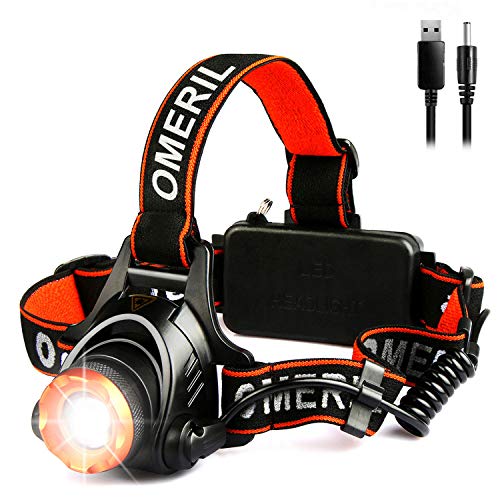 OMERIL Linterna Frontal LED, Linterna Cabeza USB Recargable con 2 Baterías - 4000mAh, Zoomable y Ajustable Luz Frontal con 3 Modos, Frontal LED para Camping, Excursión, Pesca, Caza, Ciclismo - IPX4