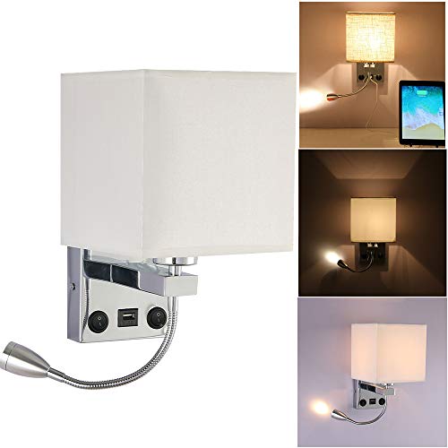 OurLeeme Lámpara de pared, lámpara de pared mesita de noche 2 en 1 con lámpara de lectura LED flexible para el dormitorio de la sala de estar (bombilla no incluida) (1 luz con USB)