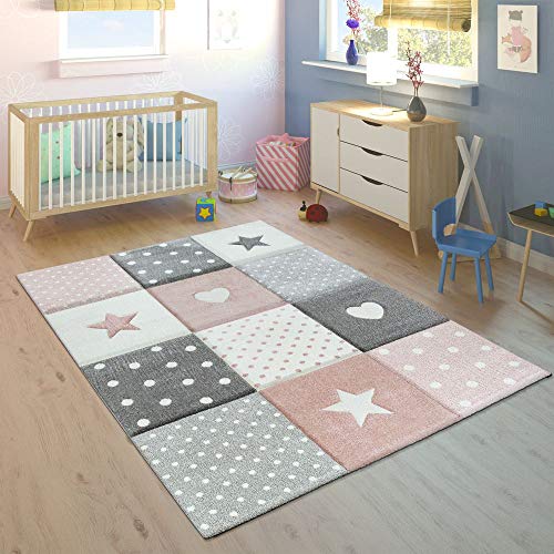 Paco Home Alfombra Infantil Pastel Cuadros Puntos Corazones Estrellas Blanco Gris Rosa, tamaño:80x150 cm Paco Home Alfombra Infantil Pastel Cuadros Puntos Corazones Estrellas Blanco Gris Rosa, tamaño:80x150 cm