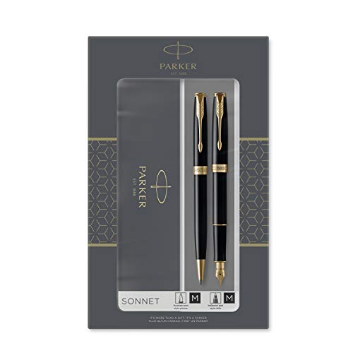 Parker Sonnet set de regalo doble con bolígrafo y pluma estilográfica (plumín de oro macizo de 18 K), negro brillante con adorno dorado, cartuchos y recambio de tinta negra, estuche de regalo