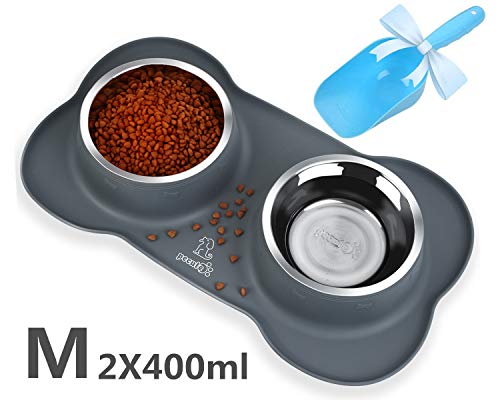 Pecute Comedero para Gatos Perros Mascotas de Acero Inoxidable 12oz/800ml con Pala de Comida, Base de Silicona Antideslizante