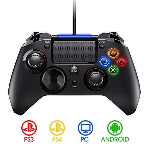 PICTEK Mando PS4 con Cable, Diseño Asimétrico para Manos Grandes, Joysticks con Doble Vibracion Turbo para PS4 / PS3 / PC (Windows XP/7/8/8.1/10) /Android/Steam, Negro