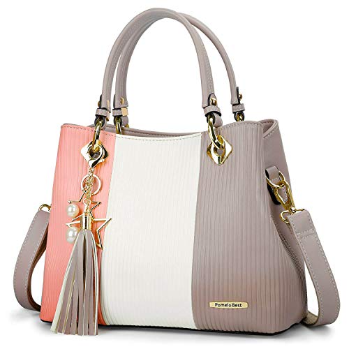 Pomelo Best Bolsos de Mujer, Bolso Señora Tote Multicolor Rayas PU Cuero Con Flecos Bolso Hombro Bolso Shopper perfecto para Trabajo, Diario Vida, Navidad y Fiesta ect (Rosa)