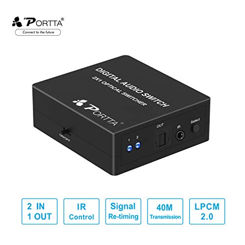 Portta Toslink 2x1 Conmutador Switch SPDIF Digital óptico Audio Switch Con Control Remoto - 2 Entradas 1 Salida Transmisión 1: 1 Soporte 5.1CH/LPCM2.0/DTS/Dolby-AC3 para PS3 Amplificador