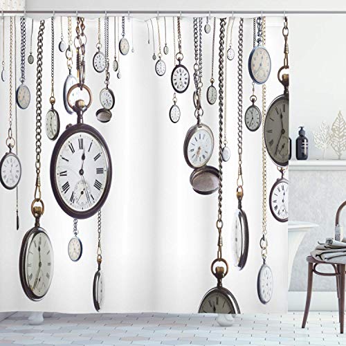 qulia 60X72inch Cortina de Ducha Antigua Muchos Reloj de Bolsillo Antiguo en Relojes de Cadena Cronómetro Horas Tela de Tela Antigua Decoración de baño con Ganchos de Plata