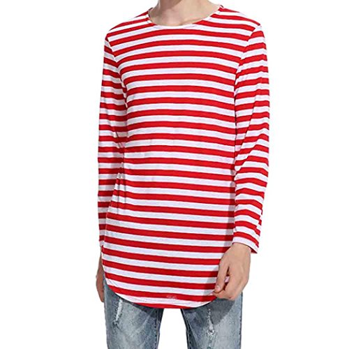 RETUROM Camiseta de Invierno, Blusa Casual de Manga Larga a Rayas de Primavera y otoño de los Hombres (M, Rojo)