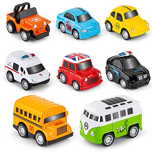 RuiDaXiang Metálico Tire hacia Atrás Coches, 8 Packs Mini Die Cast Set de Coches de Juguete, Coche de Policía/Autobús Escolar ... Juguetes Vehículos Fricción, para niños de 3 a 12 Años Niñas Niños