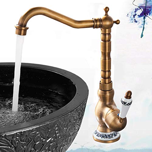 Saeuwtowy Latón Antiguo Cascada Grifo de Lavabo Baño Cocina Alto-caño Giratorio Grifo Del Fregadero Baño Cocina Cerámica Blanca Manejan Americano De Solo Agujero Antigua Grifo De Mezclador De Baño