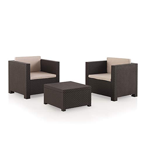 Shaf À Conjunto Set muebles de jardín y terraza Diva tête | Color Chocolate | Incluye una mesa + 2 sillones, 80x60x73 cm