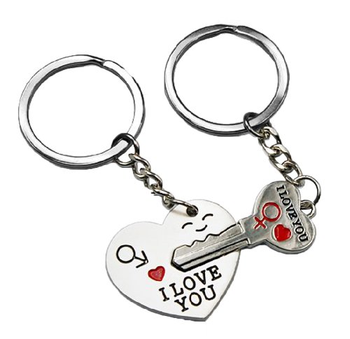 Smallwise Trading Couple Keychain Keyring --- "I Love You" Heart + Key --- Lover Sweetheart Gift for Valentine's Day / Wedding Anniversary / Birthday