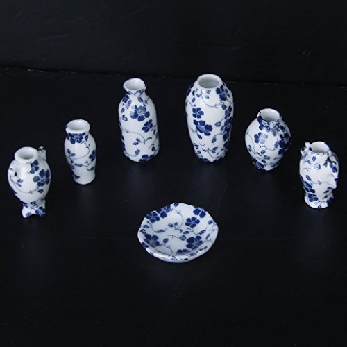 SODIAL (R) 1/12 miniaturas de casa de munecas de ceramica florero de porcelana china azul vid -7 Piezas
