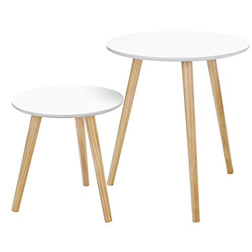SONGMICS Mesas auxiliares nórdicas, Juego de 2 mesas de café, Mesaits de Centro para salón, Mesas Redondas, Patas de Madera de Pino, Blanco y Natural LET07WN SONGMICS Mesas auxiliares nórdicas, Juego de 2 mesas de café, Mesaits de Centro para salón, Mesas Redondas, Patas de Madera de Pino, Blanco y Natural LET07WN