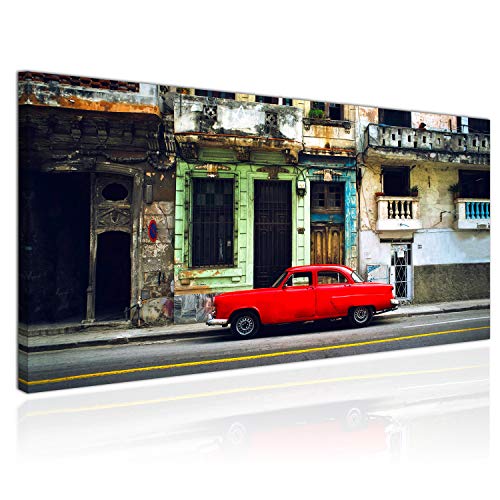 Topquadro Cuadro XXL sobre Lienzo, Imagen Panorámica 100x50cm, Coche Rojo y Edificios Antiguos, Vintage, Habana Cuba - Decoración de Pared, Imagen Panorámica - Una Pieza