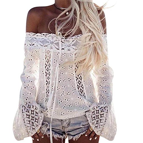 Tops MujeresLonshell Camisetas Mangas Largas Hombros Expuestos Ropas Mujeres Señoras con Encaje Blusa Camisetas de Color Puro Camisetas Sueltas Verano Otoño (S, Blanco)