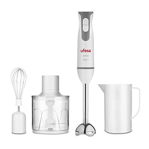 Ufesa BP4552 - Batidora de varilla, 600W, Función Turbo, Pie desmontable, 2 cuchillas de alta eficacia, Ergonómica, Vaso medidor, Accesorio picador, Batidor emulsionador, Libre BPA