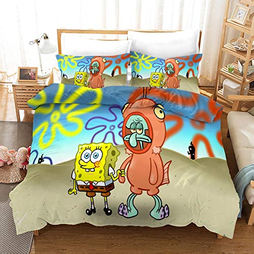 Vampsky La historieta encantadora Bob Esponja dormitorio adolescentes del hogar Ropa de cama 3 piezas con cierre de cremallera, 100% microfibra animado 3D Imprimir 1 funda nórdica y 2 Almohada reversi