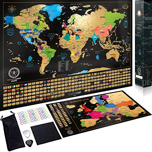 Wanderlust Mapa Mundi Rascar y Mapa Rascable Europa, Color Negro y Dorado, 61 x 43 Centímetros, Hechos en Europa Wanderlust Mapa Mundi Rascar y Mapa Rascable Europa, Color Negro y Dorado, 61 x 43 Centímetros, Hechos en Europa