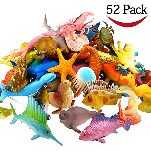 YeoNational Toys Animales de Juguete, Surtido DE 52 Mini Figuras de Animales Marinos de Plástico, Fauna Submarina Realista para Jugar en el Baño, Fiesta Educativa del Mar, Adorno de Tarta o Cupcake