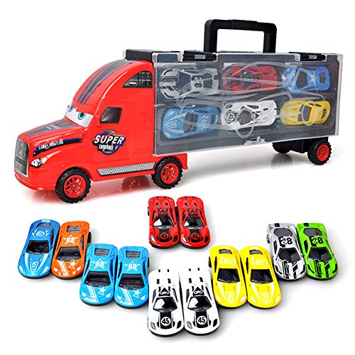 YIMORE Camión de Transporte Transportador de Automóviles con 12 Coches Maletín portacoches Juguete para Niños y Niñas (Rojo)