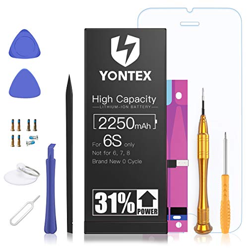 YONTEX 2250mAh Batería iPhone 6S de alta capacidad, Batería iPhone 6S con 31% más de Capacidad Que la batería Original y con Kits de Herramientas de reparación, Cinta Adhesiva, Protector de Pantalla