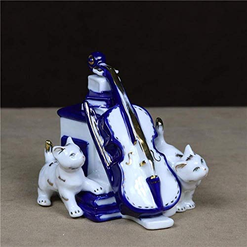 ZKWWT Estatuilla Esculturas Estatua Vintage Porcelana Violín Gato Estatuilla Hecho a Mano Cerámica Kitty Miniatura Mascota Novedad Decoración Arte y artesanía Música Ornamento Presente-Azul_Medio