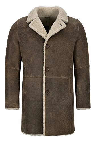 Abrigo de Piel de Oveja de Cuero Genuino 3/4 cálido Trench Reefer Bane Coat 2K320 (2XL For Chest 48", Dirty Brown)