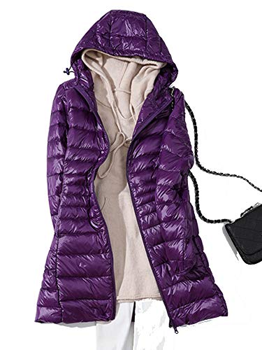 Abrigo largo acolchado con capucha para mujer de invierno, chaqueta blanca de plumón de pato femenino, parkas ultra livianas y sólidas -  Morado -  X-Large