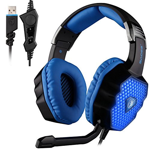 Auriculares gaming Sades Pro para ordenador, con diadema, iluminación LED, sonido envolvente y control de volumen (para PC)