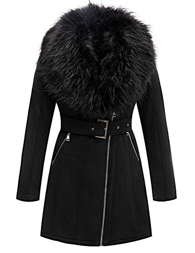 Bellivera - Chaqueta de piel sintética para mujer con cuello desmontable de piel sintética 7923_negro_ante_largo L Bellivera - Chaqueta de piel sintética para mujer con cuello desmontable de piel sintética 7923_negro_ante_largo L